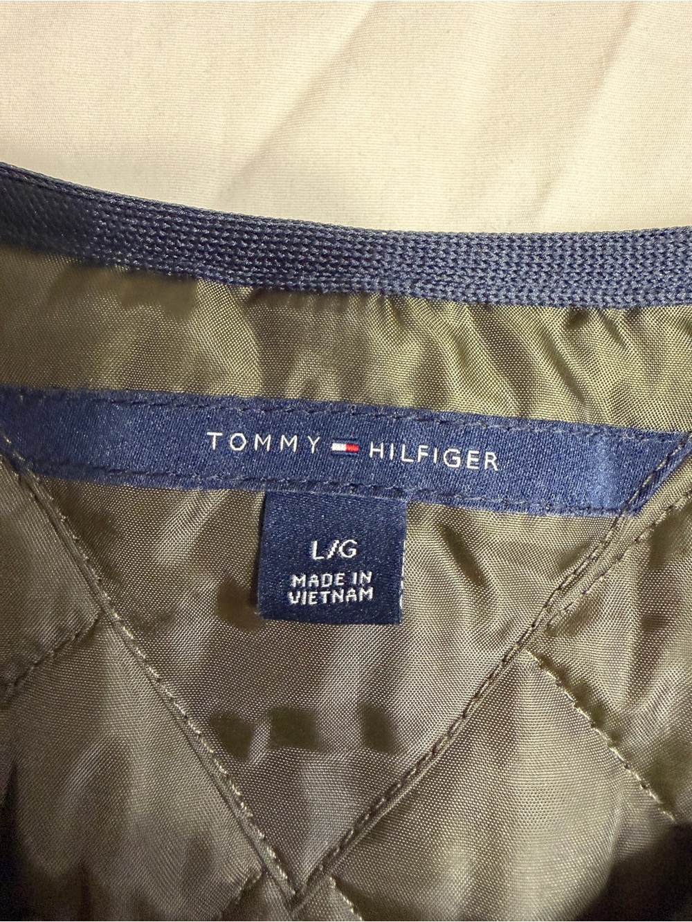 Tommy Hilfiger Olive Quilted Bomber Jacket with Navy Trim